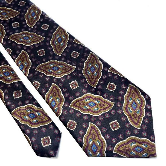 Camden Court Purple Gray Tan Metallic Short Print Polyester Tie - Picture 1 of 6